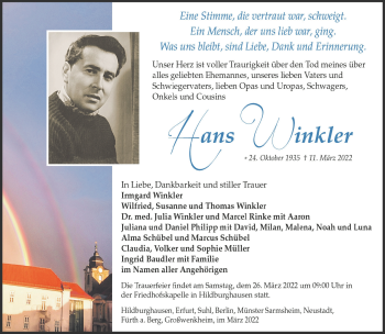 Traueranzeige von Hans Winkler von Südthüringer Presse