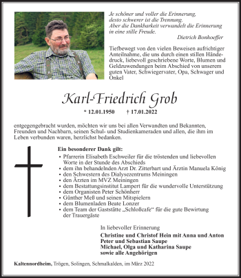 Traueranzeige von Karl-Friedrich Grob von Südthüringer Presse