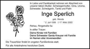 Traueranzeige von Inge Sperlich von Frankenpost