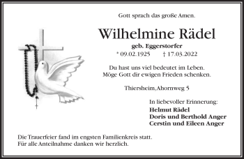 Traueranzeige von Wilhelmine Rädel von Frankenpost