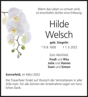 Traueranzeige von Hilde Welsch von Neue Presse Coburg