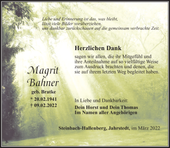 Traueranzeige von Magrit Bahner von Südthüringer Presse