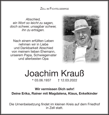 Traueranzeige von Joachim Krauß von Frankenpost