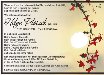 Traueranzeige von Helga Plotzek von Südthüringer Presse