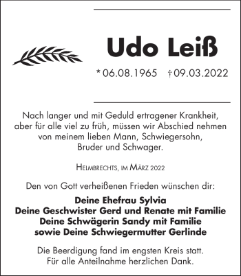 Traueranzeige von Udo Leiß von Frankenpost