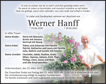 Traueranzeige von Werner Hanff von Neue Presse Coburg