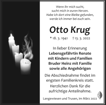 Traueranzeige von Otto Krug von Südthüringer Presse