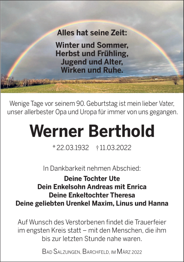  Traueranzeige für Werner Berthold vom 19.03.2022 aus Südthüringer Presse