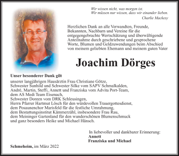 Traueranzeige von Joachim Dörges von Südthüringer Presse