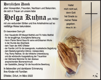 Traueranzeige von Helga Kuhna von Südthüringer Presse