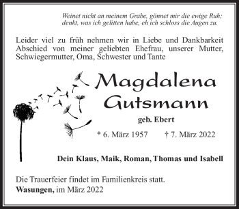 Traueranzeige von Magadalena Gutsmann von Südthüringer Presse