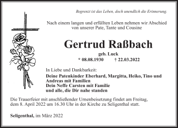 Traueranzeige von Gertrud Raßbach von Südthüringer Presse
