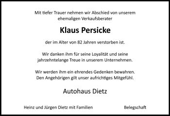 Traueranzeige von Klaus Persicke von Neue Presse Coburg