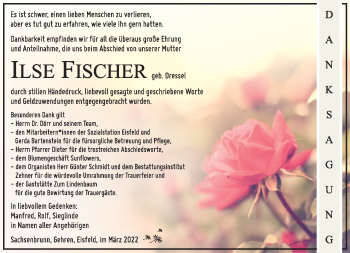 Traueranzeige von Ilse Fischer von Südthüringer Presse