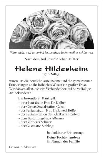 Traueranzeige von Helene Hildesheim von Südthüringer Presse