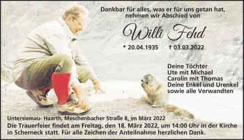 Traueranzeige von Willi Fehd von Neue Presse Coburg