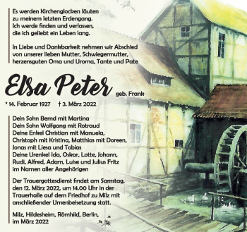 Traueranzeige von Elsa Peter von Südthüringer Presse