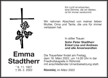 Traueranzeige von Emma Stadtherr von Südthüringer Presse