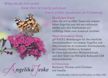 Traueranzeige von Angelika Jeske von Südthüringer Presse
