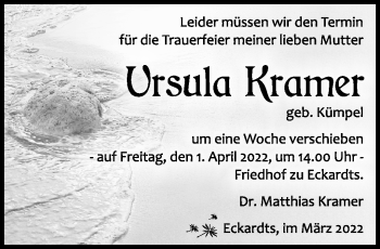 Traueranzeige von Ursula Kramer von Südthüringer Presse