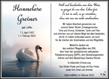 Traueranzeige von Hannelore Greiner von Südthüringer Presse