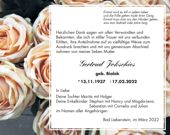 Traueranzeige von Gertrud Jokschies von Südthüringer Presse