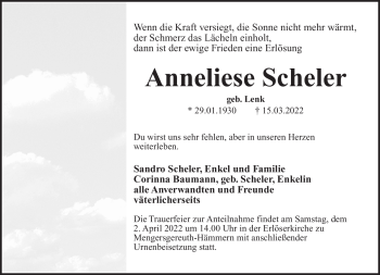 Traueranzeige von Anneliese Scheler von Südthüringer Presse