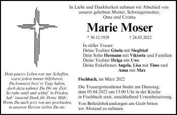 Traueranzeige von Marie Moser von Neue Presse Coburg