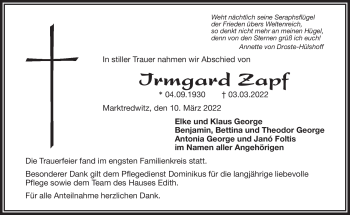 Traueranzeige von Irmgard Zapf von Frankenpost