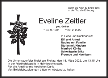 Traueranzeige von Eveline Zeitler von Frankenpost