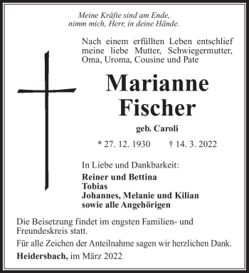 Traueranzeige von Marianne Fischer von Südthüringer Presse