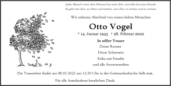 Traueranzeige von Otto Vogel von Frankenpost