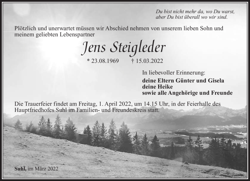  Traueranzeige für Jens Steigleder vom 26.03.2022 aus Südthüringer Presse