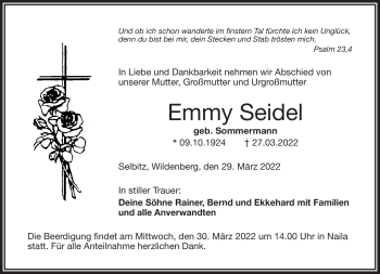 Traueranzeige von Emmy Seidel von Frankenpost