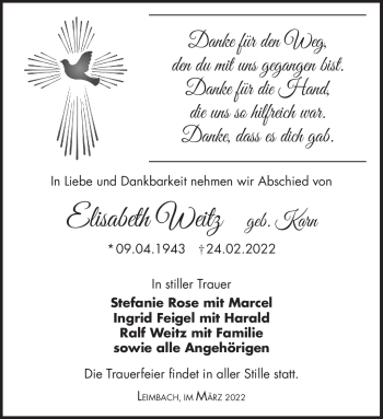 Traueranzeige von Elisabeth Weitz von Südthüringer Presse