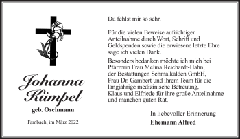 Traueranzeige von Johanna Kümpel von Südthüringer Presse