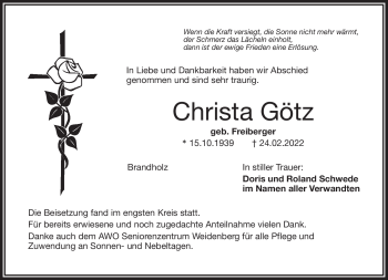Traueranzeige von Christa Götz von Frankenpost
