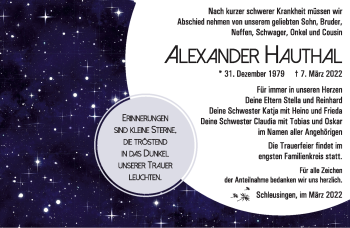 Traueranzeige von Alexander Hauthal von Südthüringer Presse