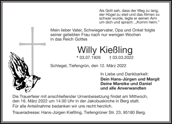 Traueranzeige von Willy Kießling von Frankenpost