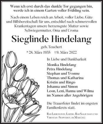 Traueranzeige von Sieglinde Hindelang von Südthüringer Presse