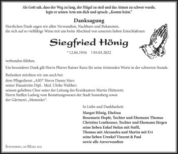 Traueranzeige von Siegfried Hönig von Südthüringer Presse