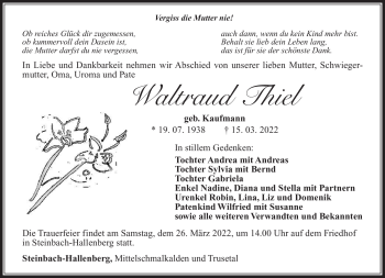 Traueranzeige von Waltraud Thiel von Südthüringer Presse