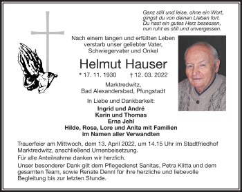 Traueranzeige von Helmut Hauser von Frankenpost