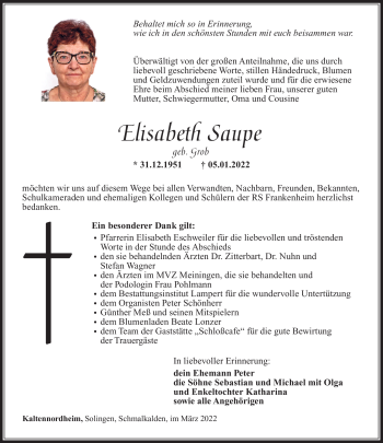 Traueranzeige von Elisabeth Saupe von Südthüringer Presse