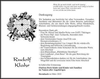Traueranzeige von Rudolf Klahr von Südthüringer Presse