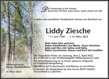 Traueranzeige von Liddy Ziesche von Südthüringer Presse