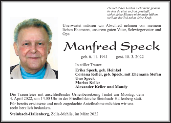 Traueranzeige von Manfred Speck von Südthüringer Presse