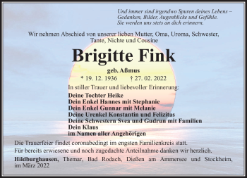 Traueranzeige von Brigitte Fink von Südthüringer Presse