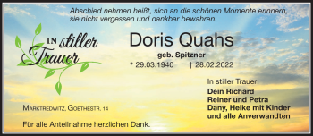 Traueranzeige von Doris Quahs von Frankenpost
