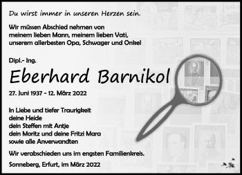 Traueranzeige von Eberhard Barnikol von Südthüringer Presse